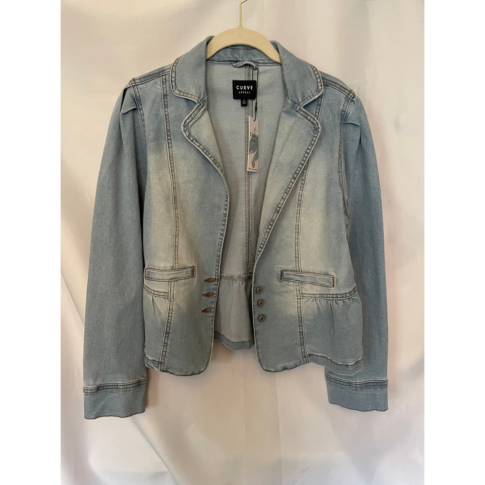 Curve Appeal Womens Light Wash Denim Blazer Jacket Puff Sleeve Peplum Blue L NEW